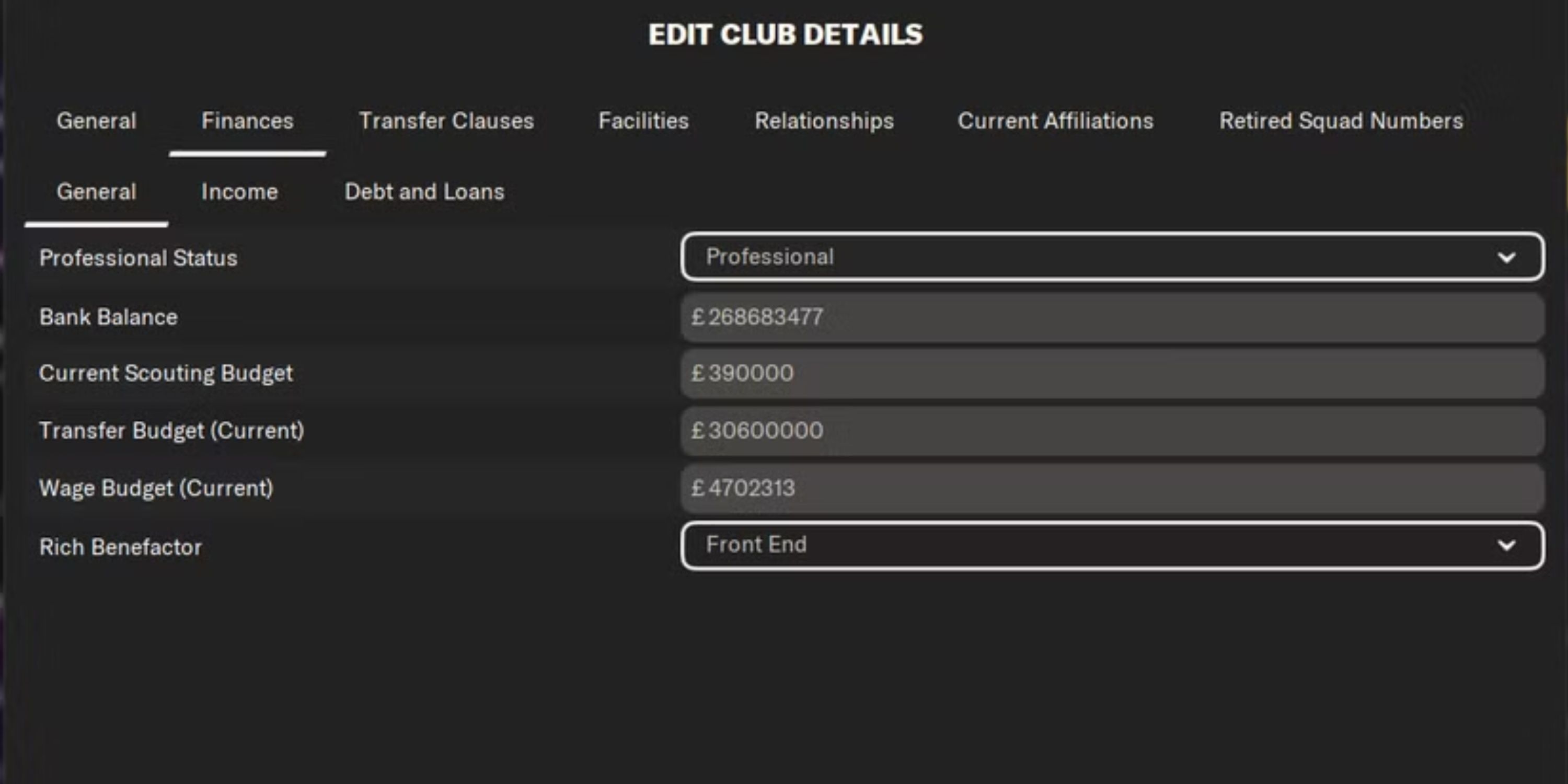 Screenshot from Football Manager 2024 showing finances tab of in-game editor