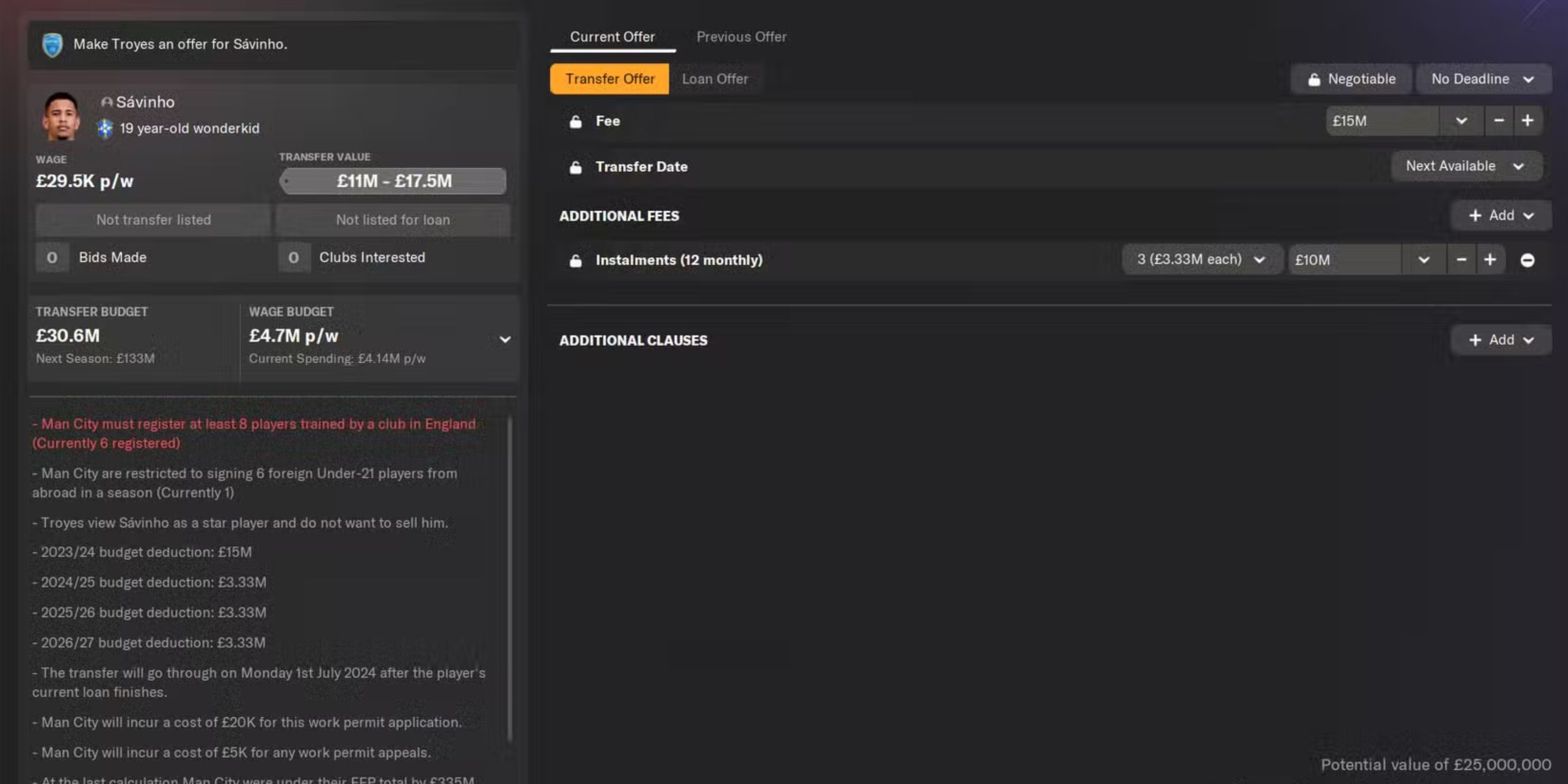 Screenshot from Football Manager 2024 showing transfer bid screen for Savinho
