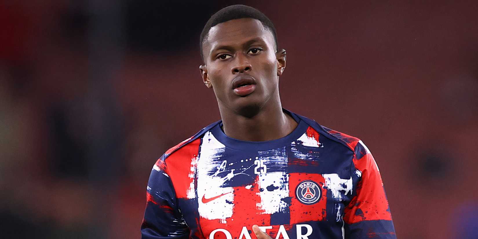 Nuno Mendes during a pre-match warm-up at Paris Saint-Germain