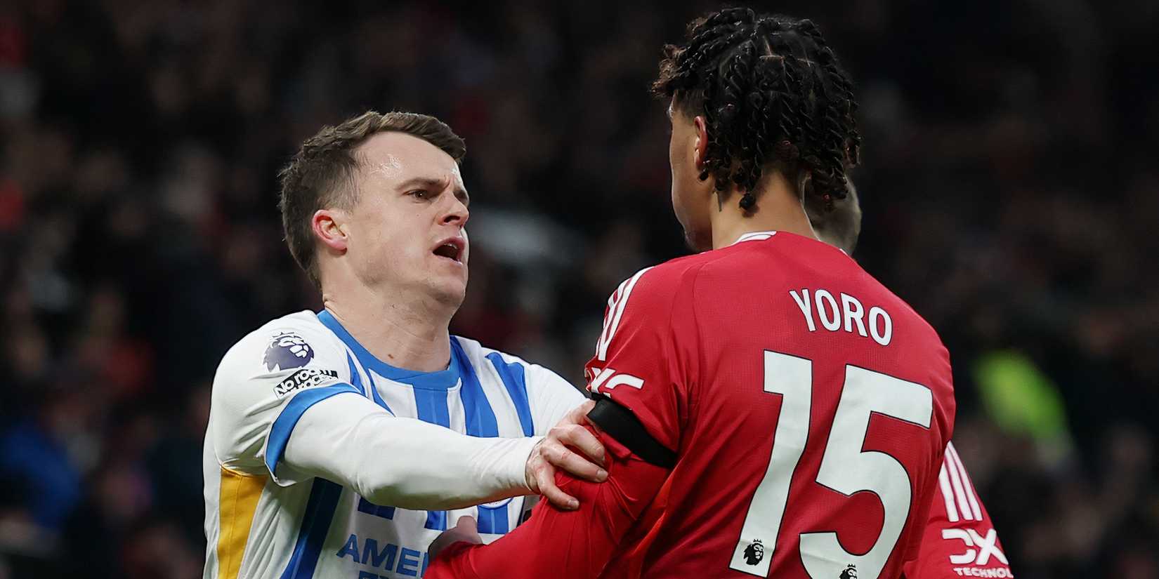 Brighton & Hove Albion's Solly March and Manchester United's Leny Yoro clash