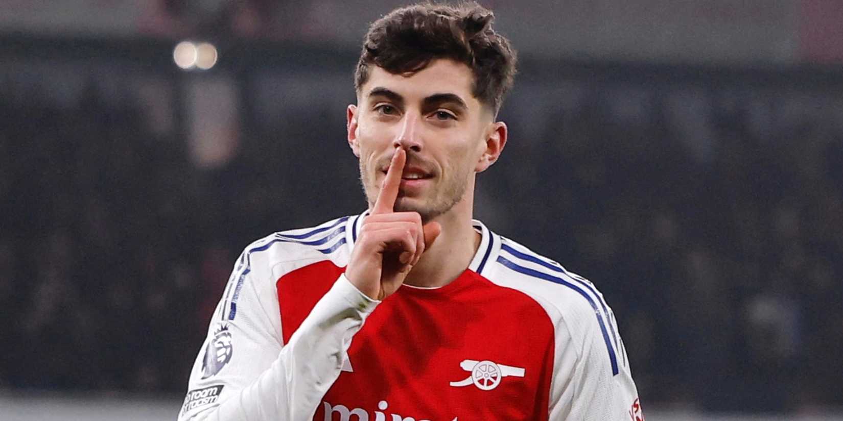 Arsenal striker Kai Havertz puts a finger on his lips