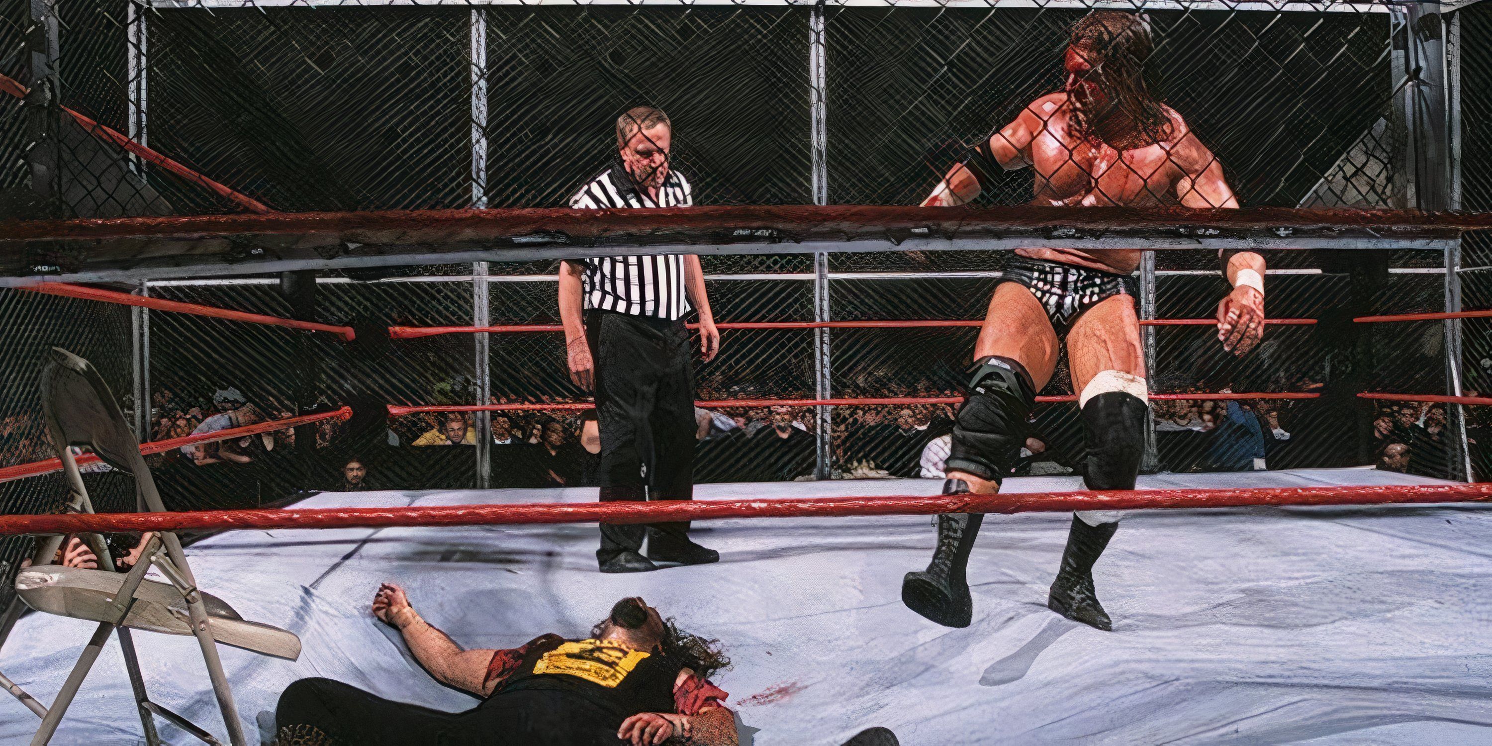 Triple H surveys the damage as Cactus Jack lays in a broken ring canvas.
