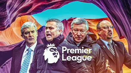 Sir Alex Ferguson (circa 2012), Jose Mourinho (circa 2014), Sam Allardyce (circa 1008), Rafael Benítez (circa 2018) with Premier League logo
