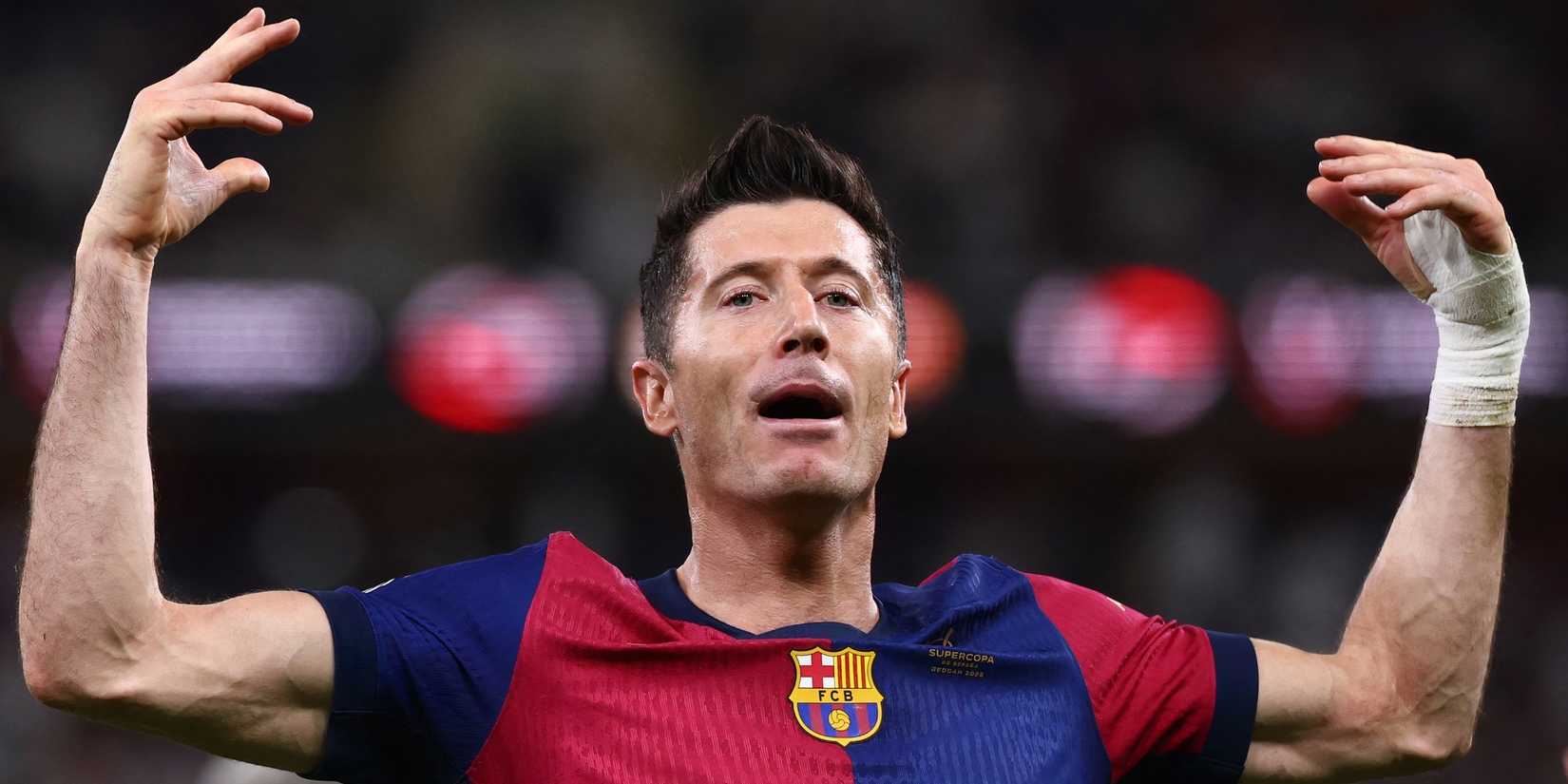 Barcelona striker Robert Lewandowski celebrating