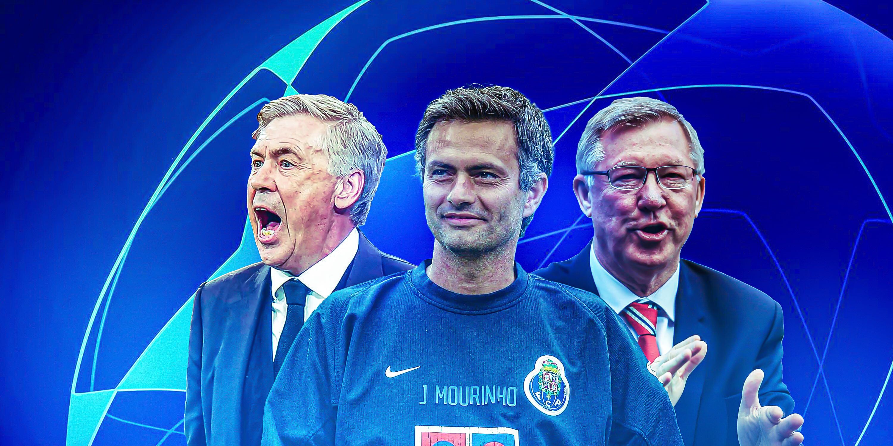 ALT text: Carlo Ancelotti at Real Madrid manager, Alex Ferguson as Man Utd manager, and José Mourinho as Porto manager, with Champions League logo/theme