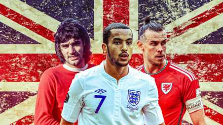 Theo Walcott (England), Gareth Bale (Wales), George Best (Man Utd) - with Union Jack background
