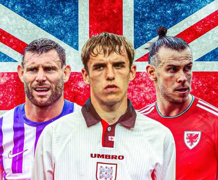 James Milner (Brighton), Phil Neville (England), Gareth Bale (Wales) with Union Jack background