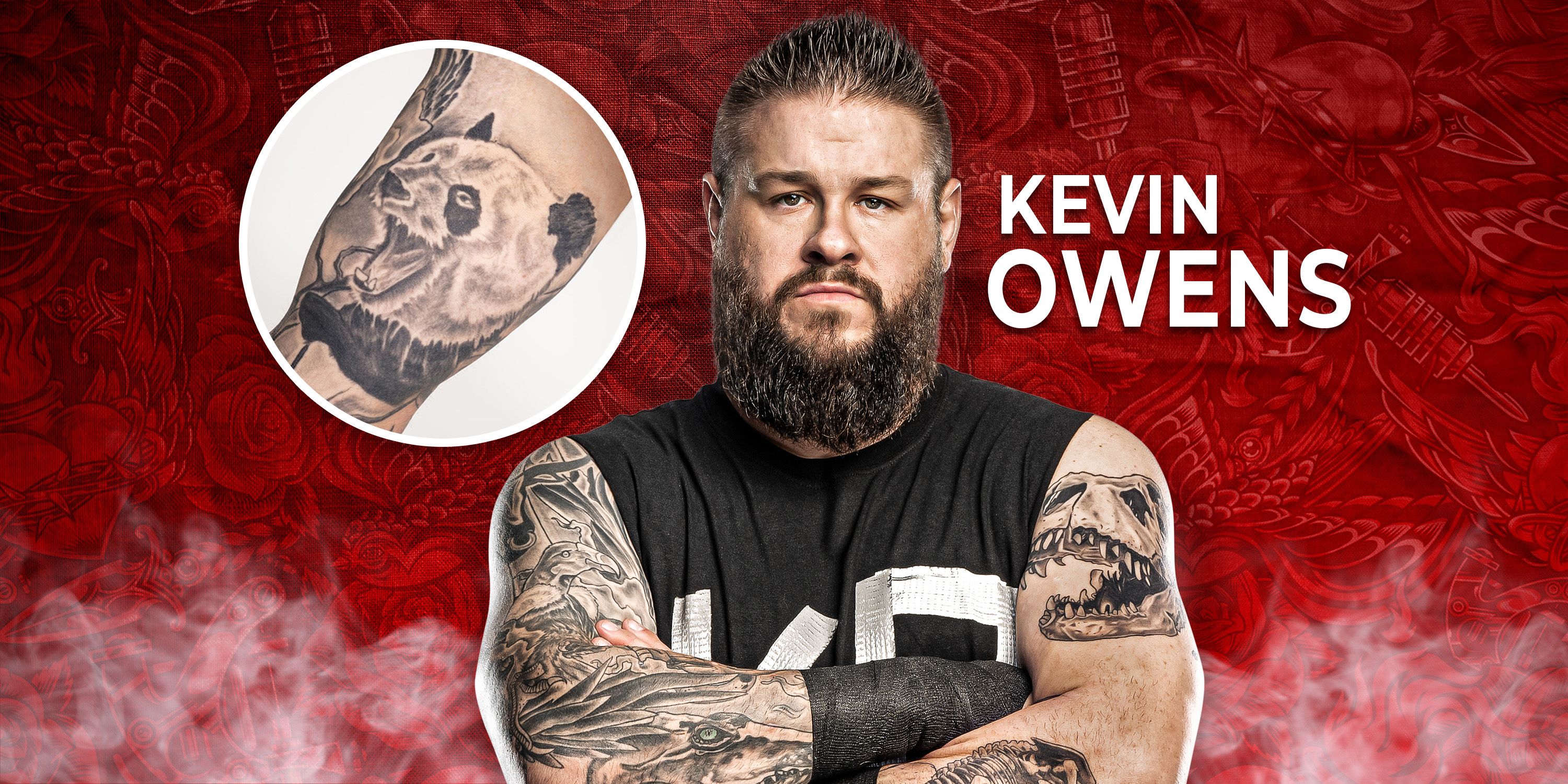 WWE Superstar Kevin Owens with a tattoo close-up.