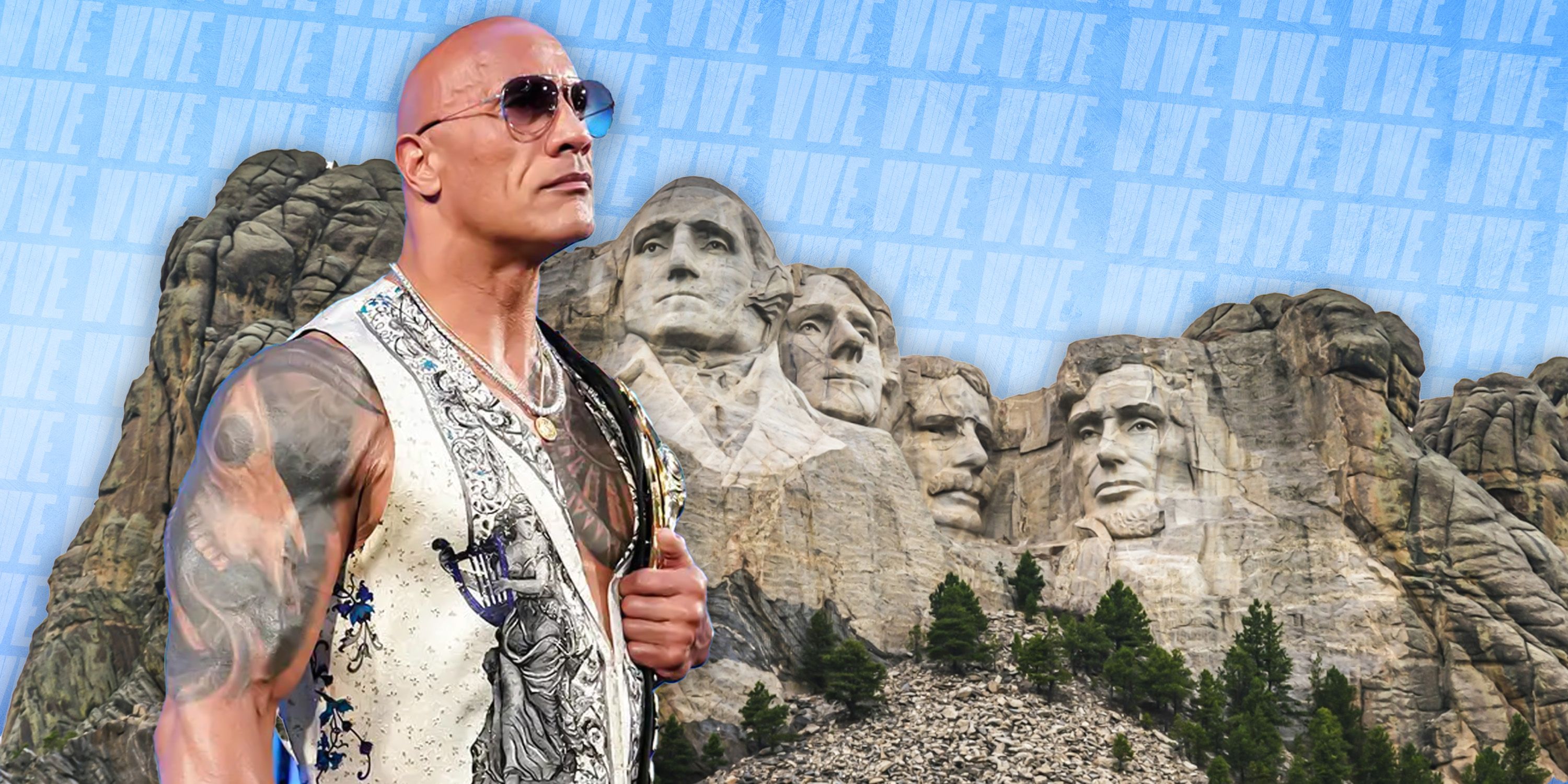 WWE Superstar The Rock next to Mount Rushmore.