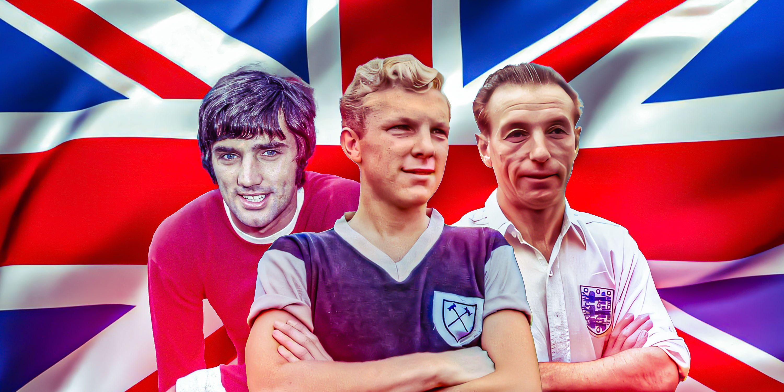 George Best (Man Utd), Stanley Matthews (England), and Bobby Moore (West Ham) - with Union Jack background