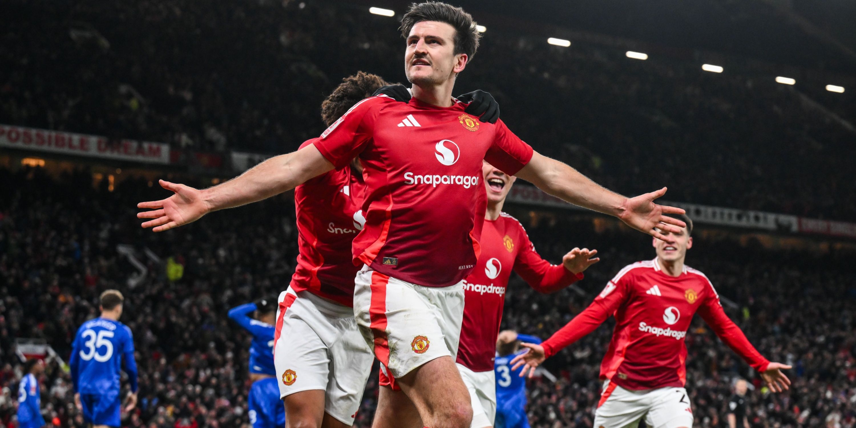 Harry Maguire celebrating scoring the winning goal in the FA Cup for Manchester United