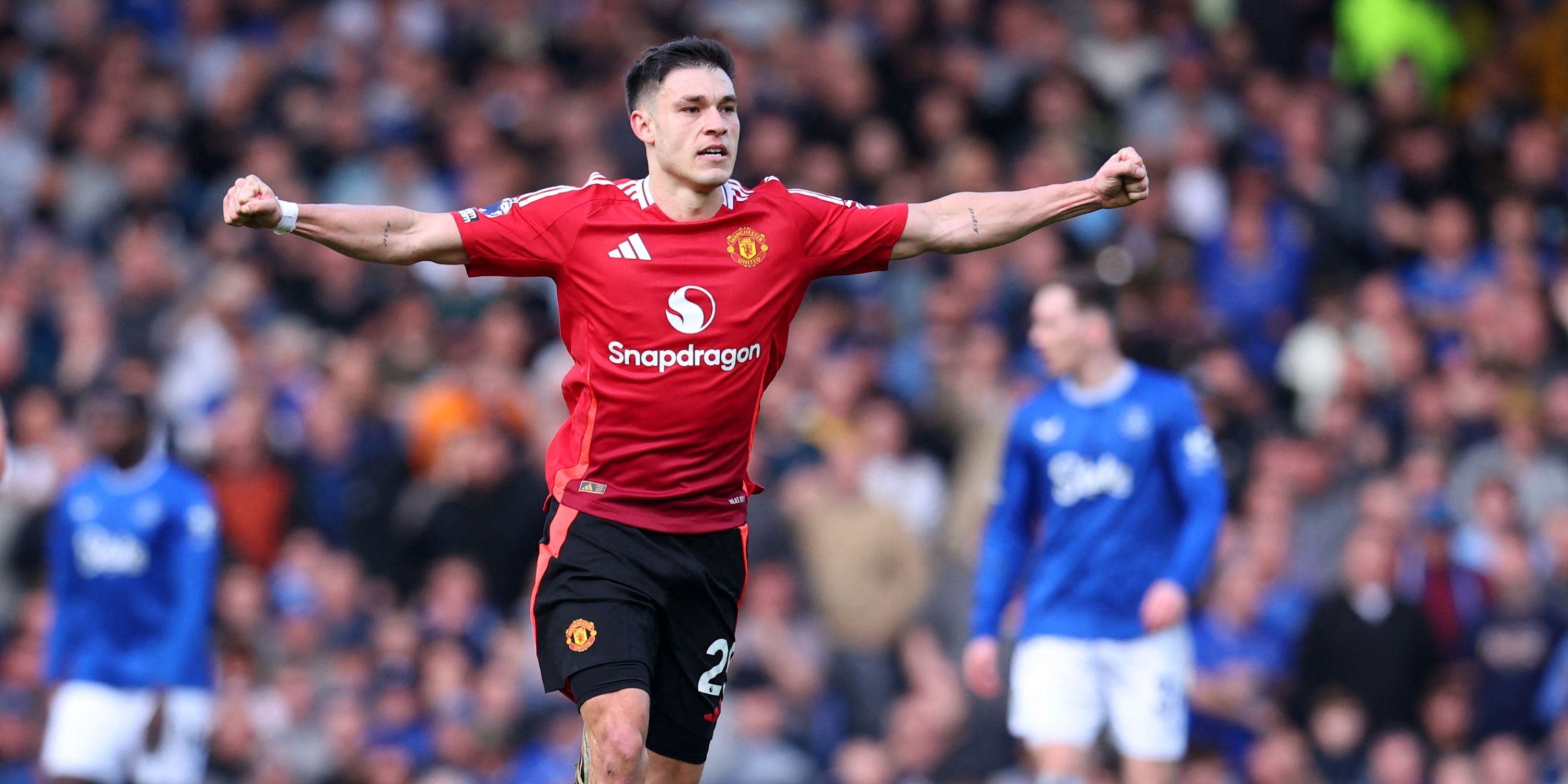 Manuel Ugarte celebrates scoring for Manchester United against Everton