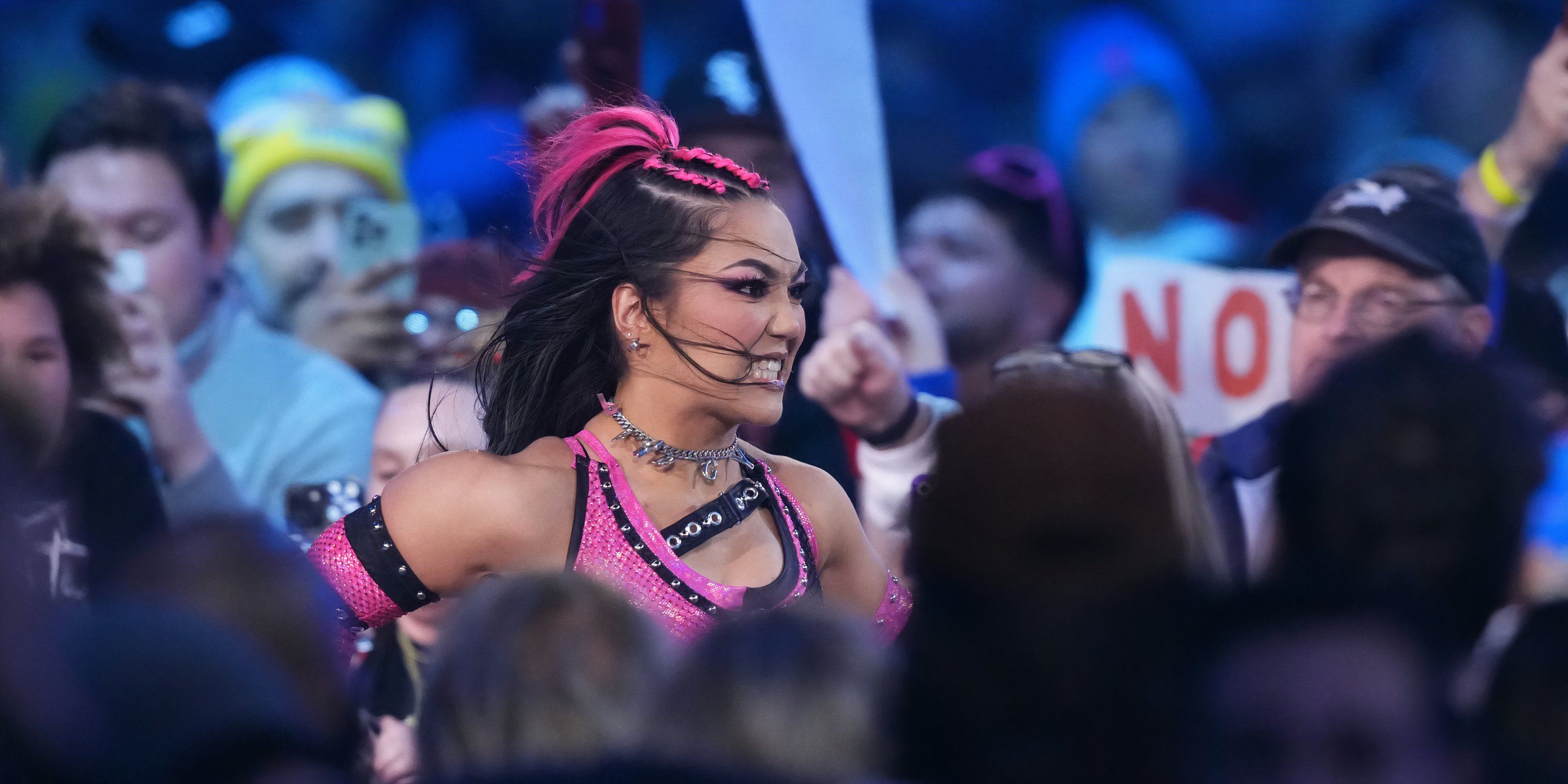 Roxanne Perez makes her entrance during WWE's 2025 Royal Rumble event.