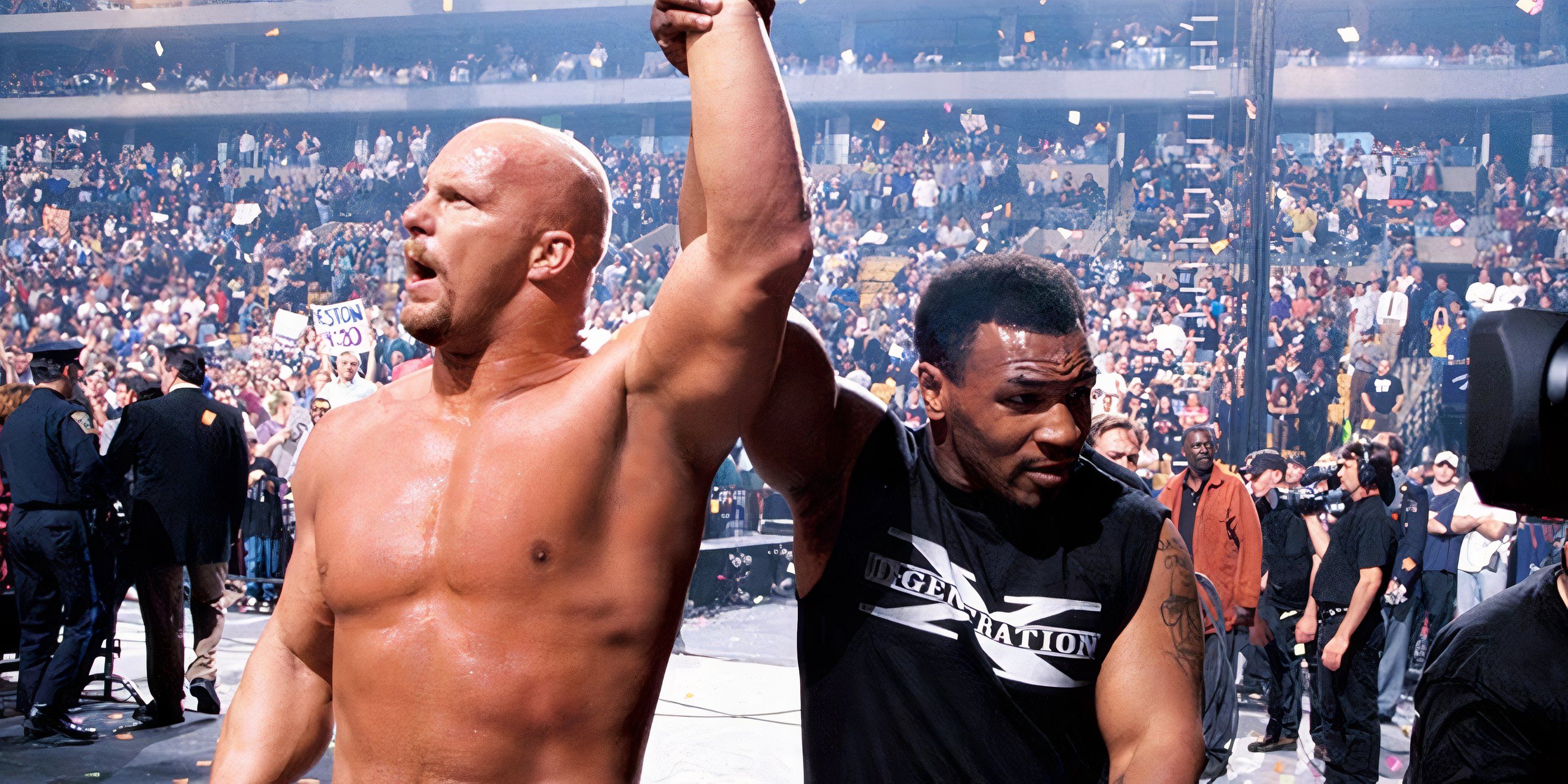 'Iron' Mike Tyson lifts 'Stone Cold' Steve Austin's hand in victory during WWE's Attitude Era.