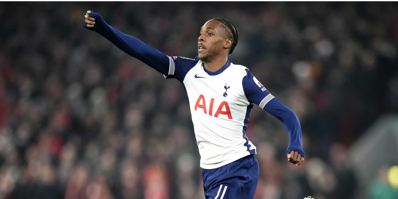 Mathys Tel in action for Tottenham Hotspur