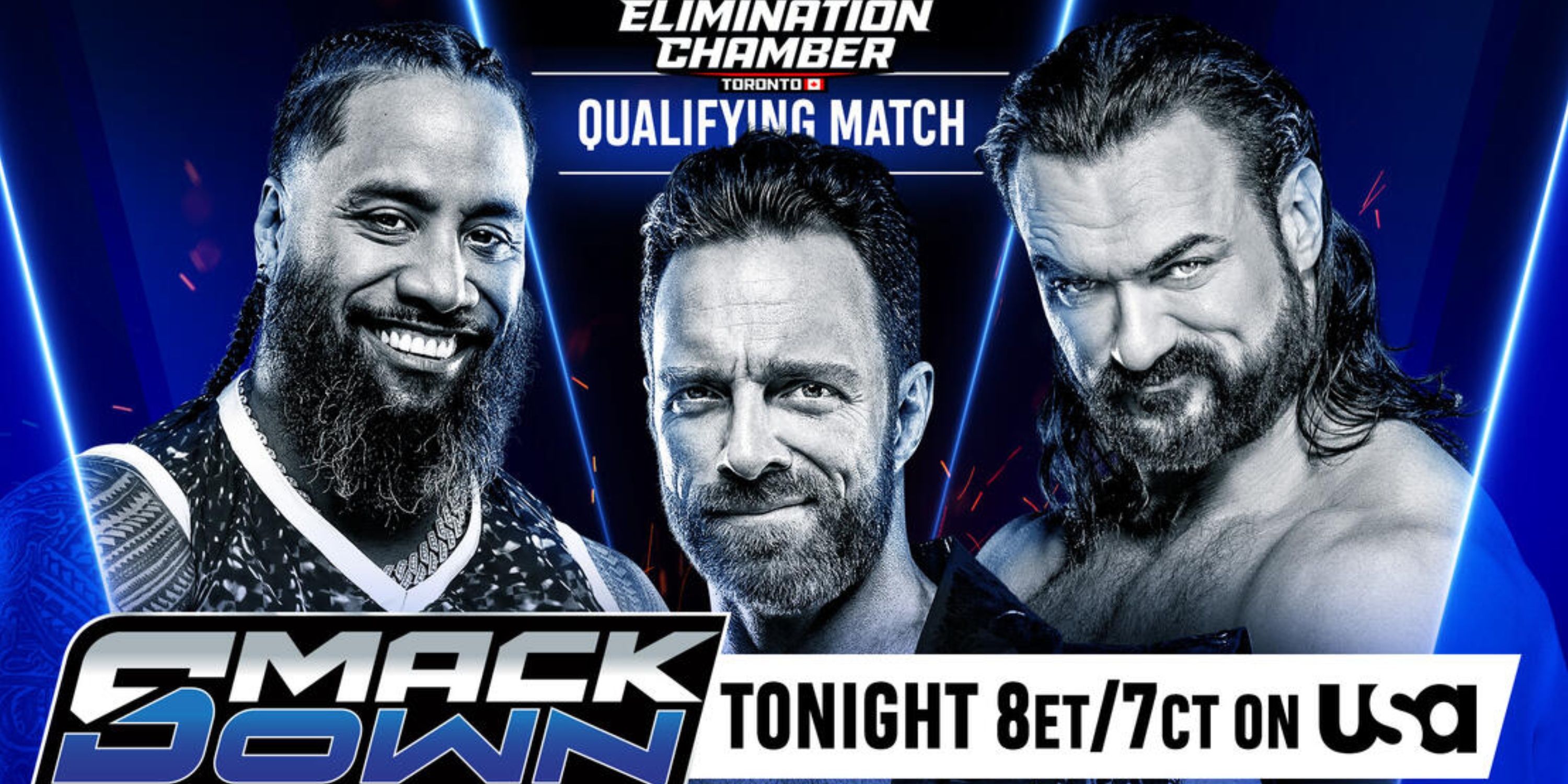 Promo poster for Jimmy Uso vs LA Knight vs Drew McIntyre on WWE Smackdown.