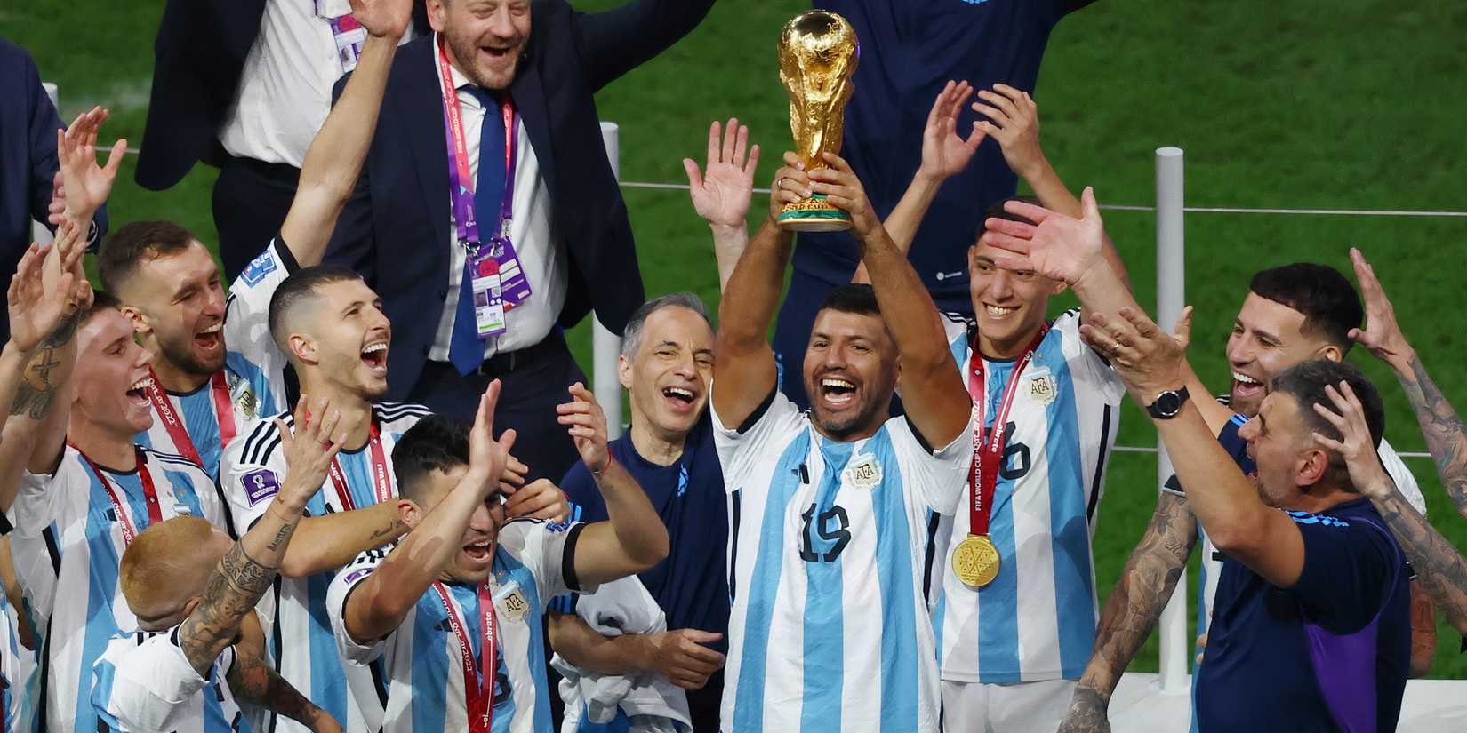 Sergio Aguero with the 2022 World Cup trophy Argentina