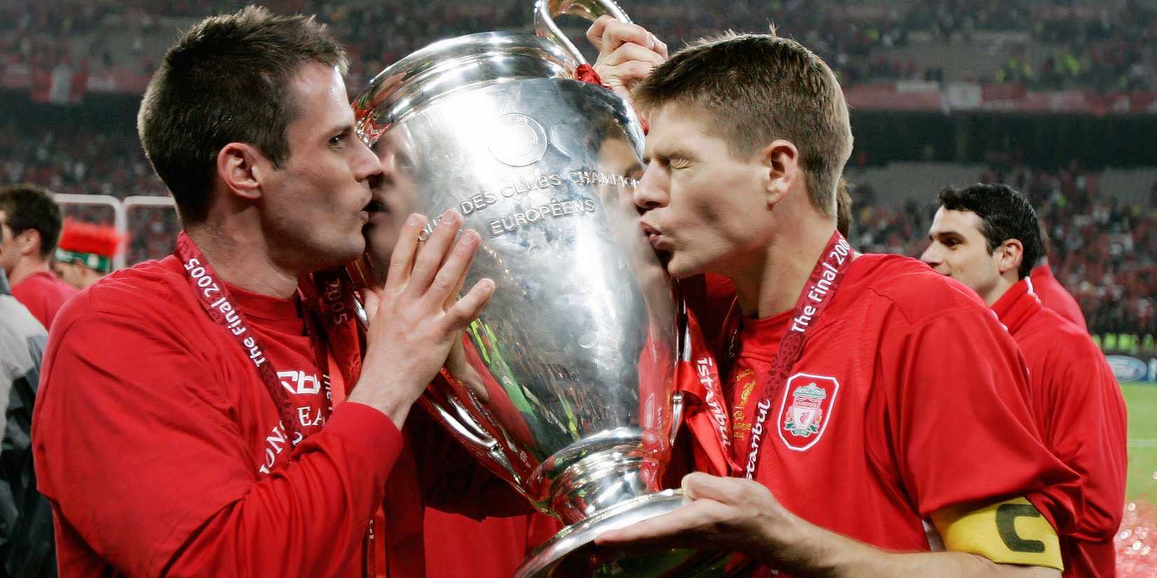 Jamie Carragher and Steven Gerrard celebrate winning the Champions League in 2005