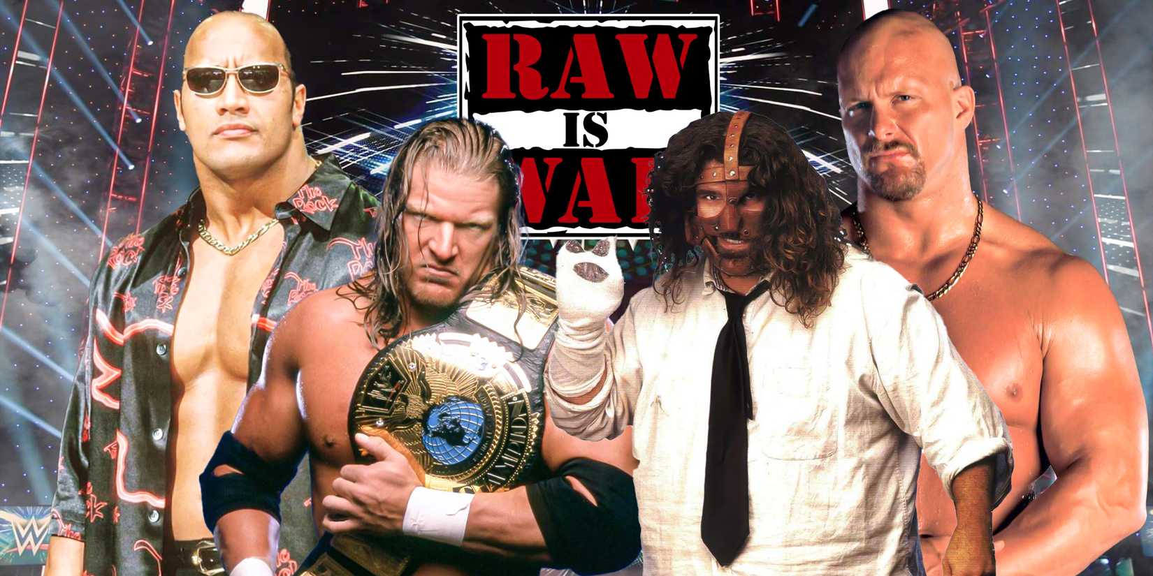The Rock, Triple H, Mankind & Stone Cold with the RAW is WAR logo.