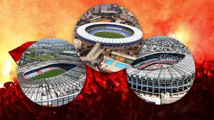 three bubbles with image of Estadio Azteca, Mexico, Maracana Stadium, Brazil and Hampden Park, Scotland - and then a background image of just generic image of fans with flares