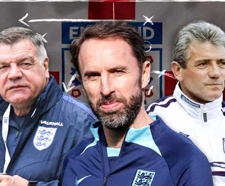 Kevin Keegan, Sam Allardyce, Gareth Southgate all as England managers - with formation on blackboard in background and England theme