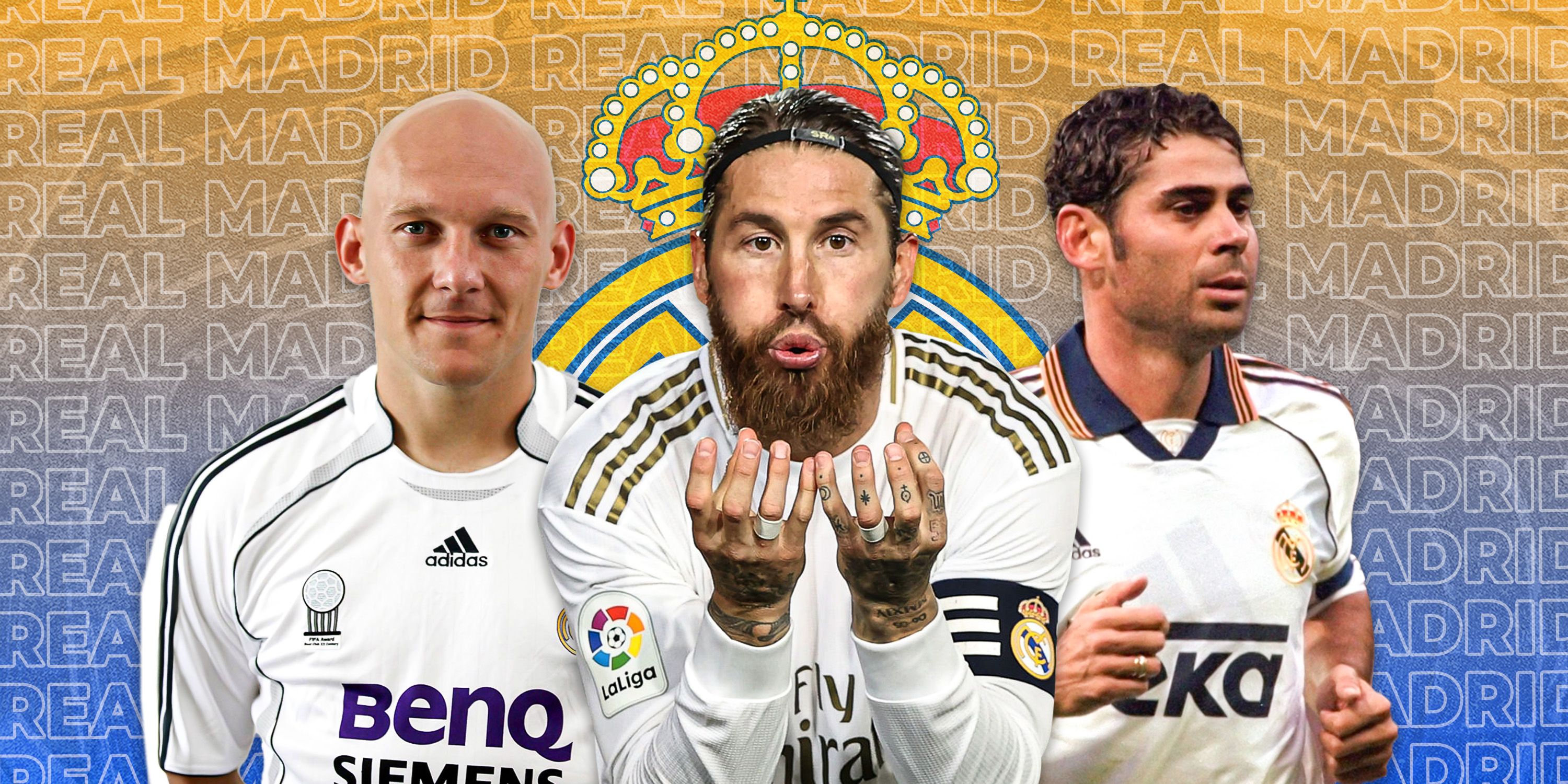 Sergio Ramos, Fernando Hierro, Thomas Gravesen - all in Real Madrid kit with Real Madrid logo background