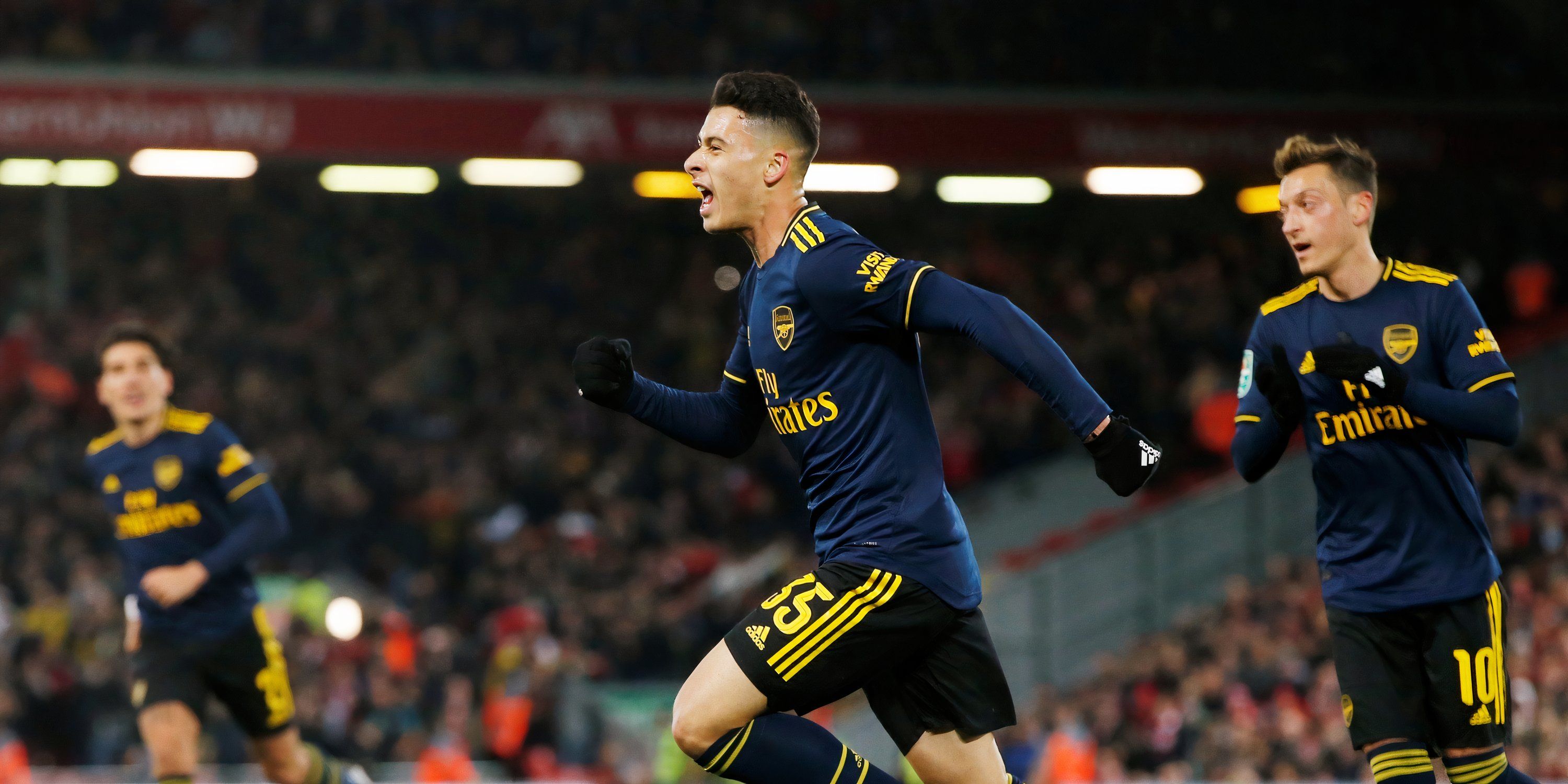 Gabriel Martinelli celebrating for Arsenal vs Liverpol EFL Cup 2019