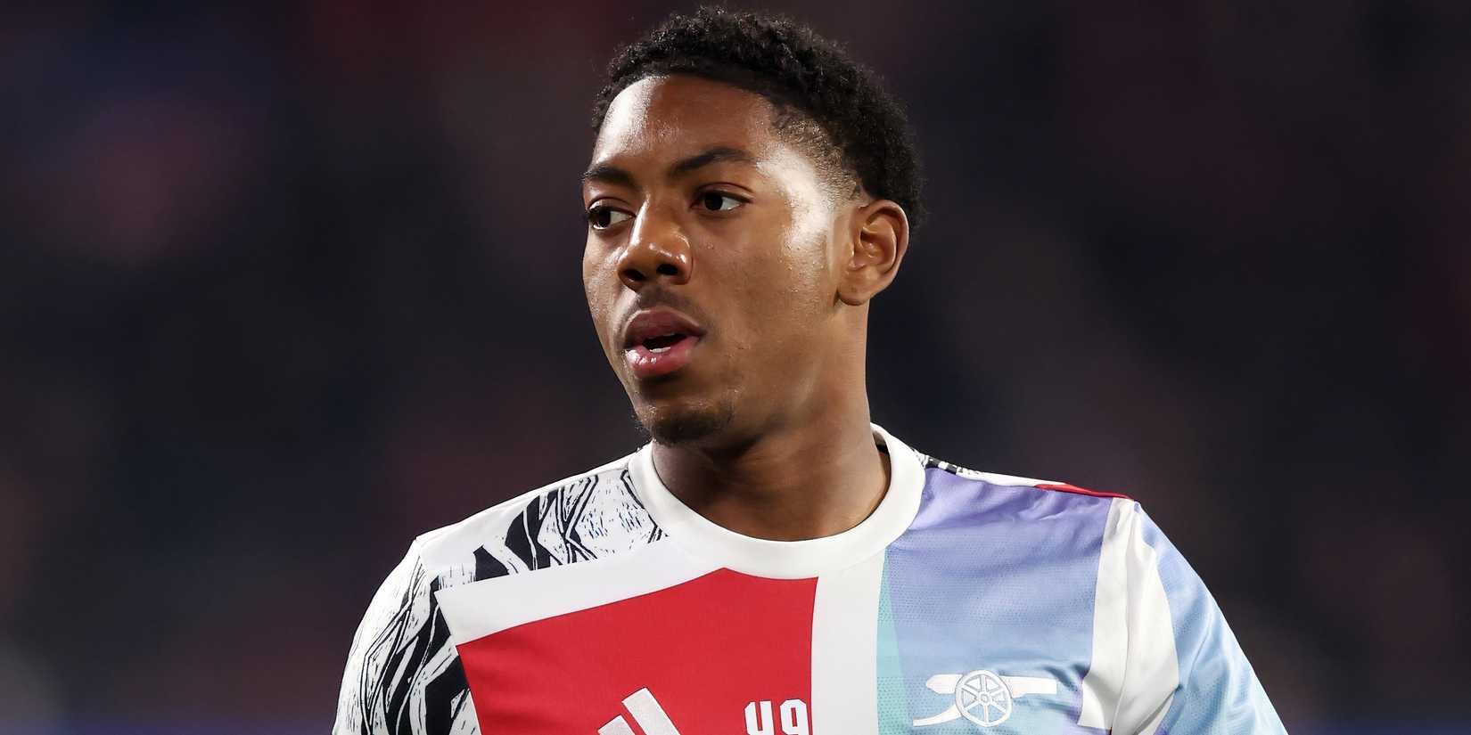 Myles Lewis-Skelly during a pre-match warm-up at Arsenal