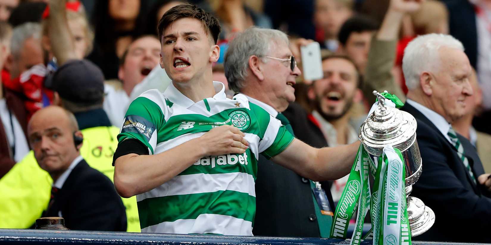 Celtic's Kieran Tierney lifts the trophy as he celebrates winning the Scottish Cup Final