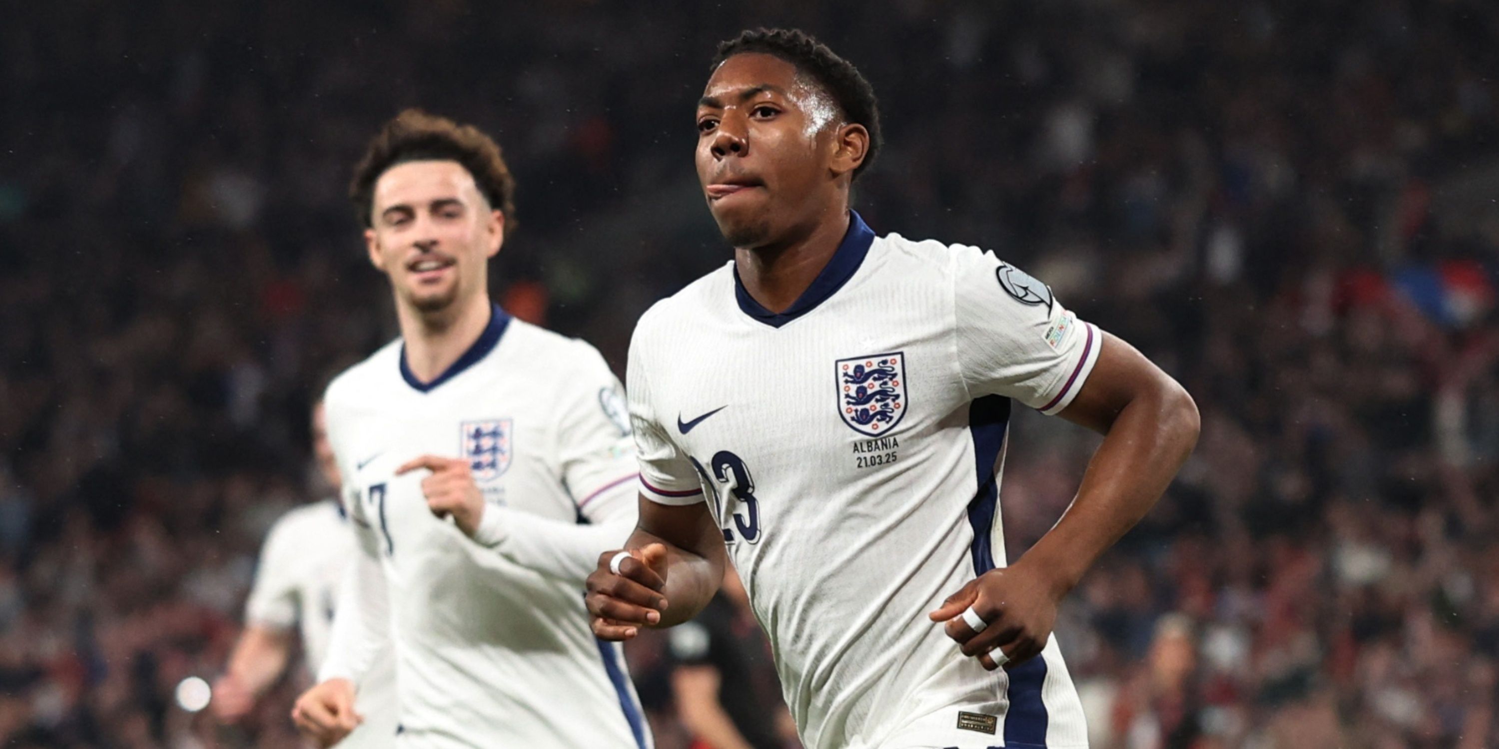 Myles Lewis-Skelly celebrates scoring on his debut for England