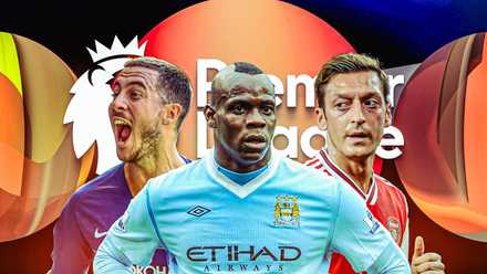 Mario Balotelli (Man City), Eden Hazard (Chelsea), Mesut Ozil (Arsenal) - with Premier League logo