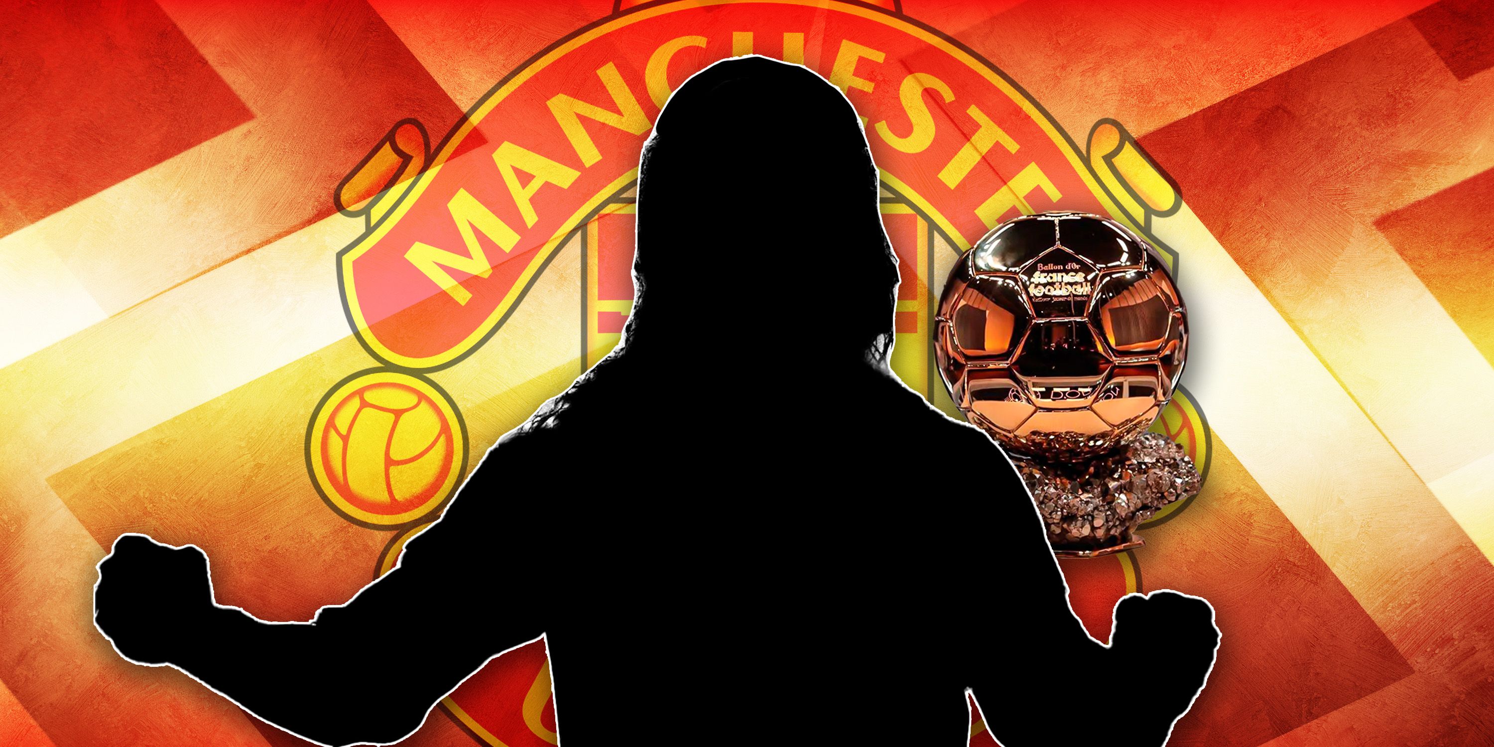 Man Utd logo, Ballon d'Or and silhouette of Ronaldinho