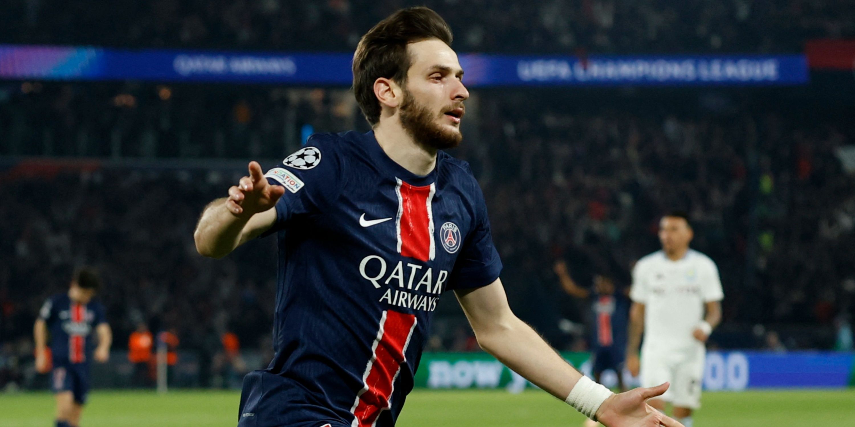 Khvicha Kvaratskhelia celebrating scoring in the Champions League against Aston Villa