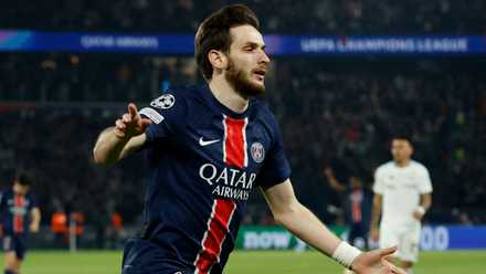 Khvicha Kvaratskhelia celebrating scoring in the Champions League against Aston Villa