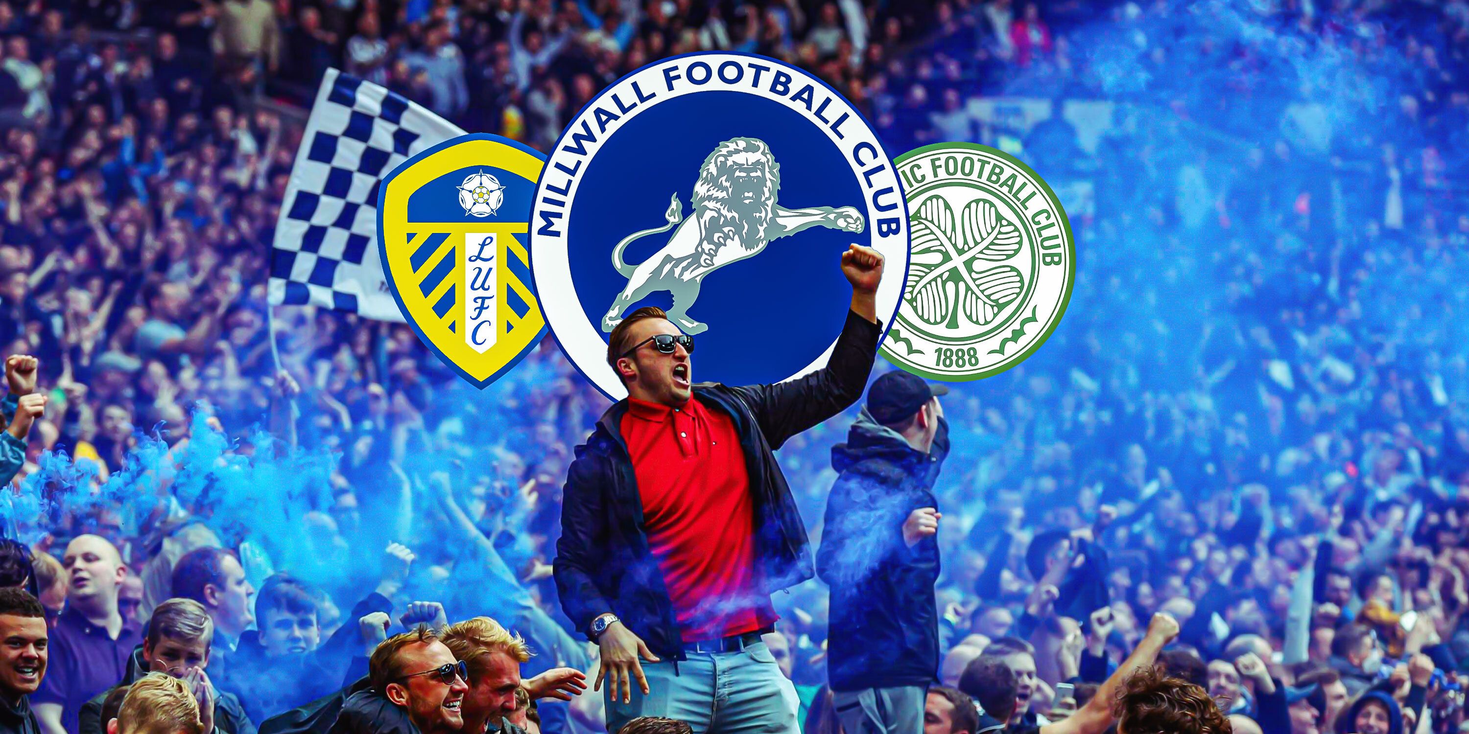 Club badges of Millwall, Celtic, Leeds - then Millwall fans looking angry in background