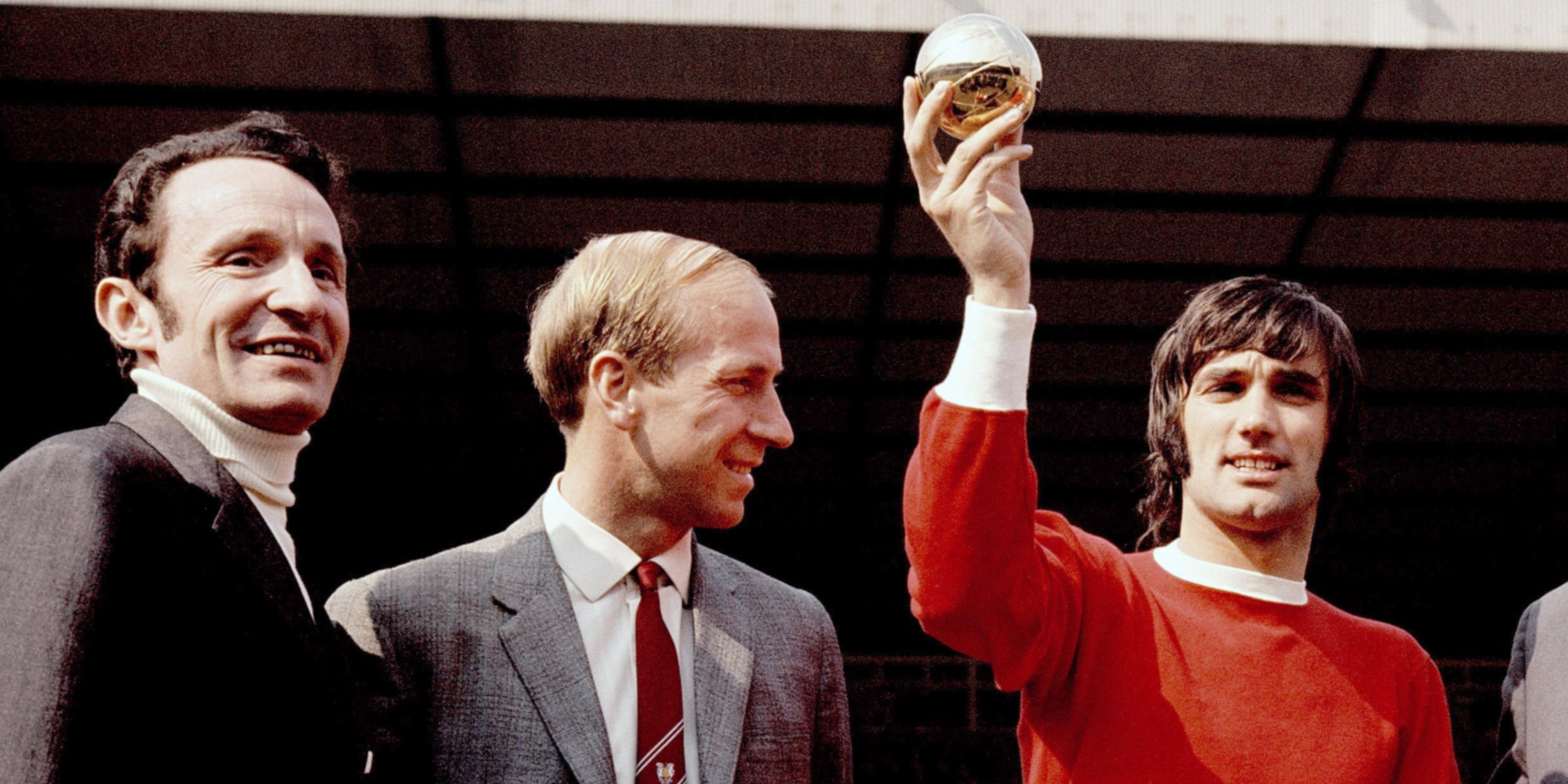 George Best shows off the 1968 European Footballer of the Year award with Bobby Charlton