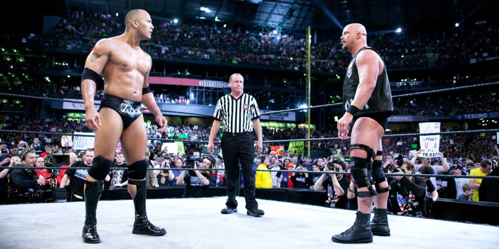 The Rock and Stone Cold Steve Austin face off at WWE WrestleMania 19.