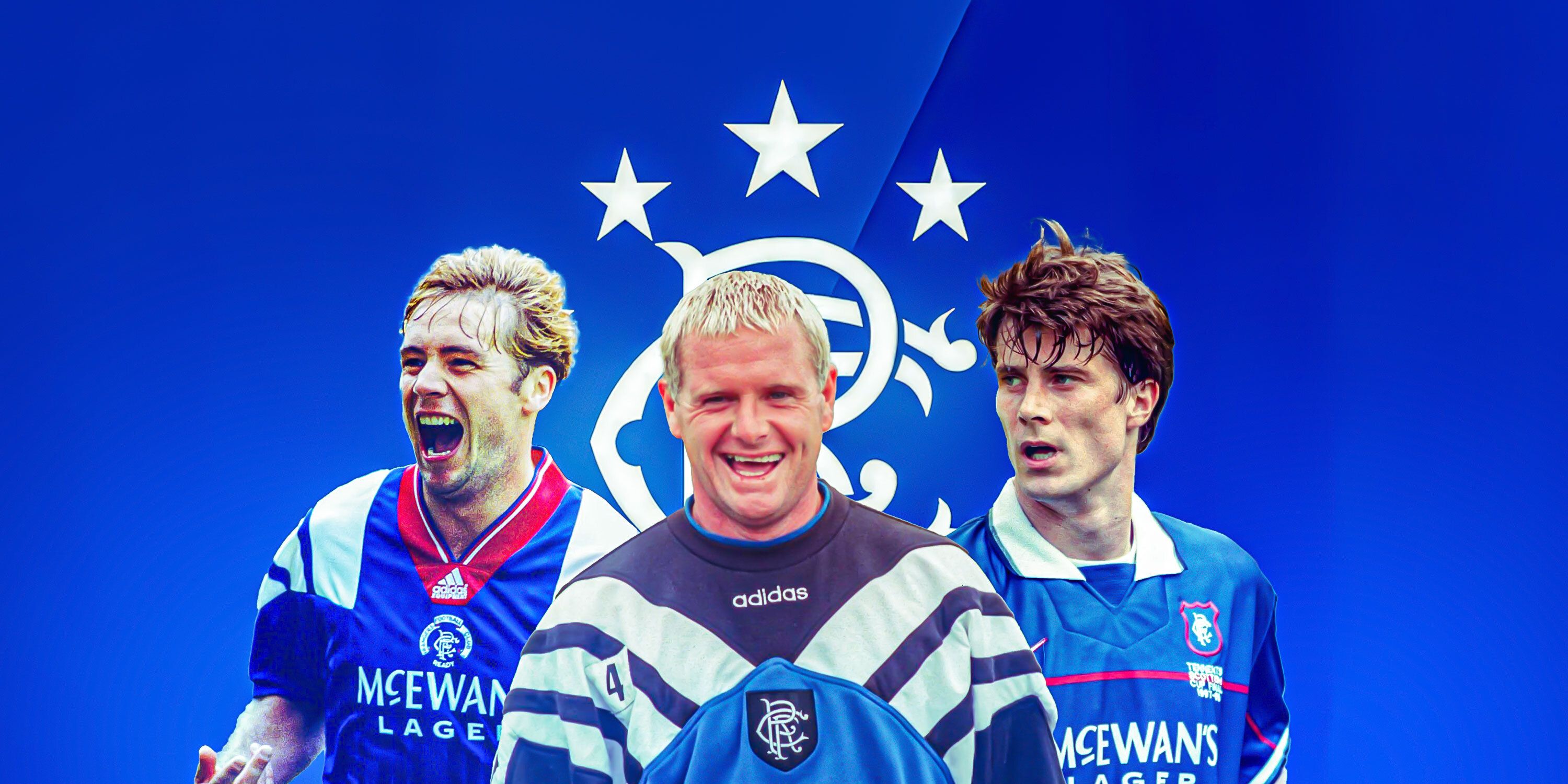 Brian Laudrup, Paul Gascoigne, Ally McCoist all in Rangers kit with Rangers logo