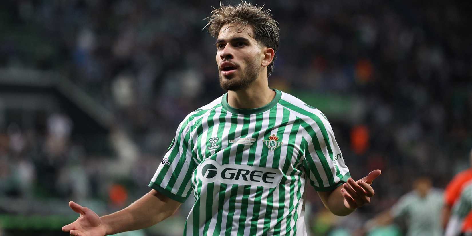 Abdessamad Ezzalzouli celebrates scoring against Chelsea in the Conference League final