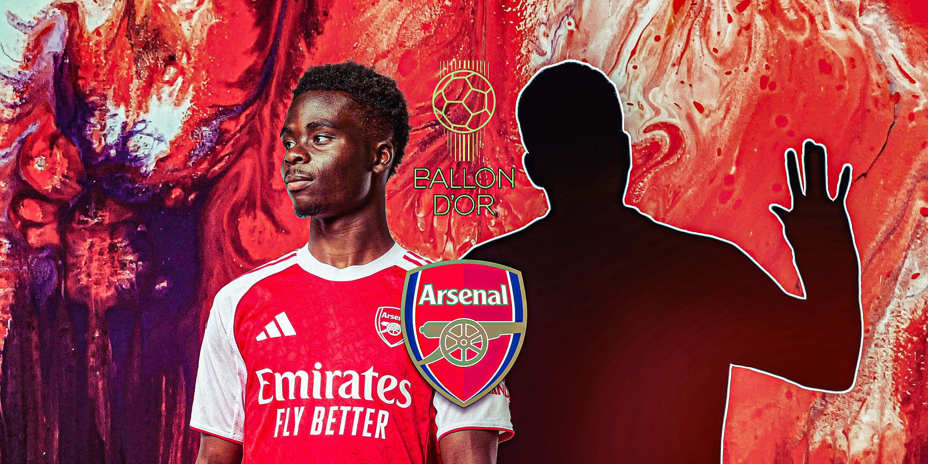 Arsenal Logo and Saka in Arsenal kit with Ballon d'Or logo and silhouette of Rodrygo