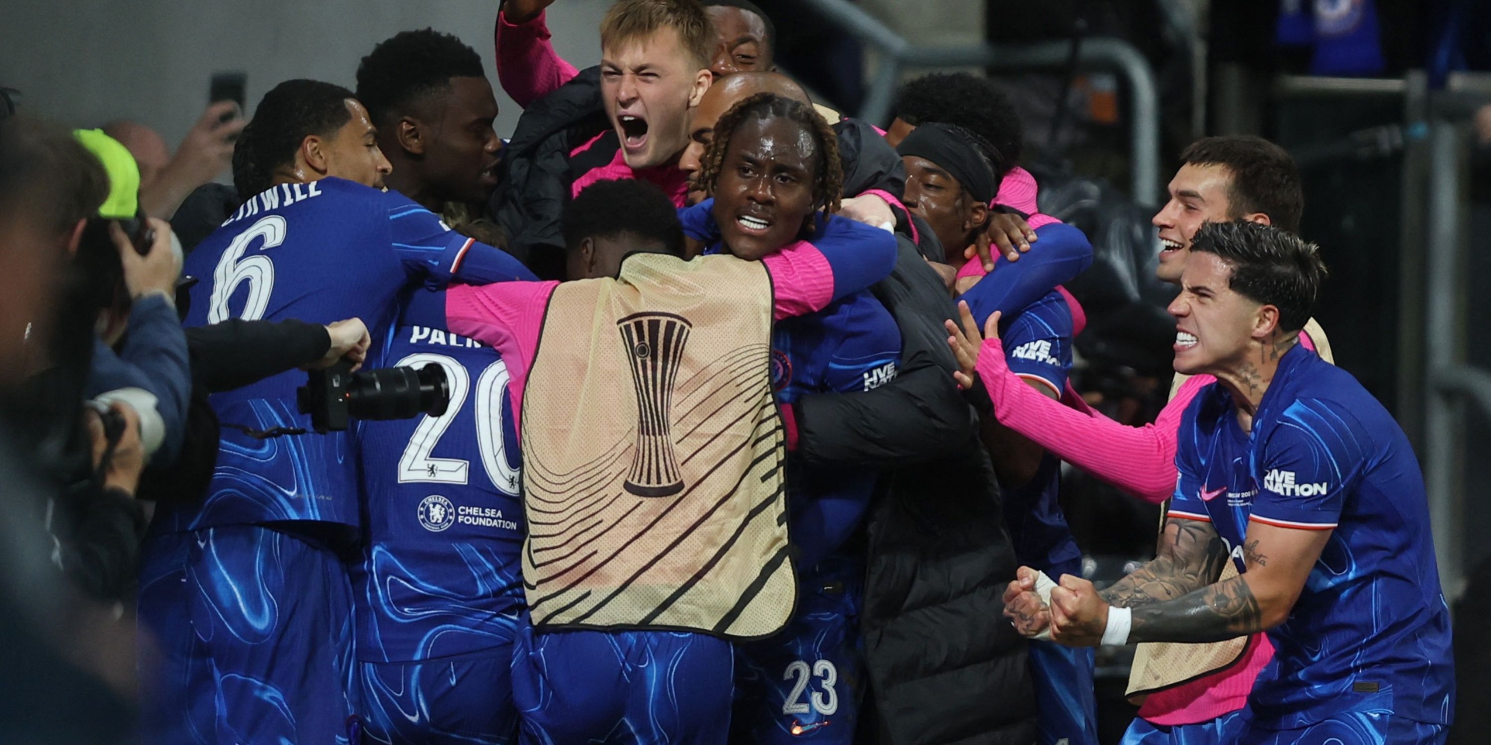 Chelsea players celebrating after scoring against Real Betis in the Conference League final