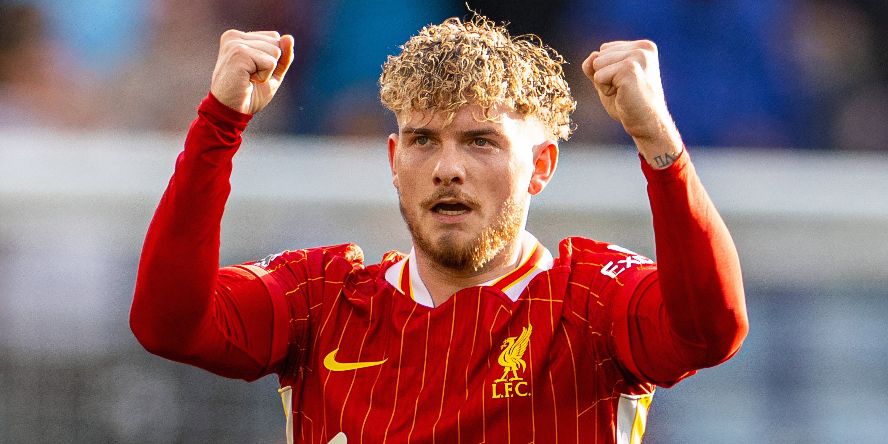 Harvey Elliott celebrating after a Liverpool win
