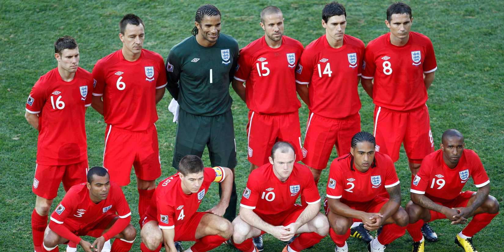 England's football team poses before their 2010 World Cup Group C soccer match against Slovenia in Port Elizabeth June 23, 2010. From top left are James Milner, John Terry, goalkeeper David James, Matthew Upson, Gareth Barry and Frank Lampard. From bottom left are Ashley Cole, Steven Gerrard, Wayne Rooney, Glen Johnson and Jermain Defoe