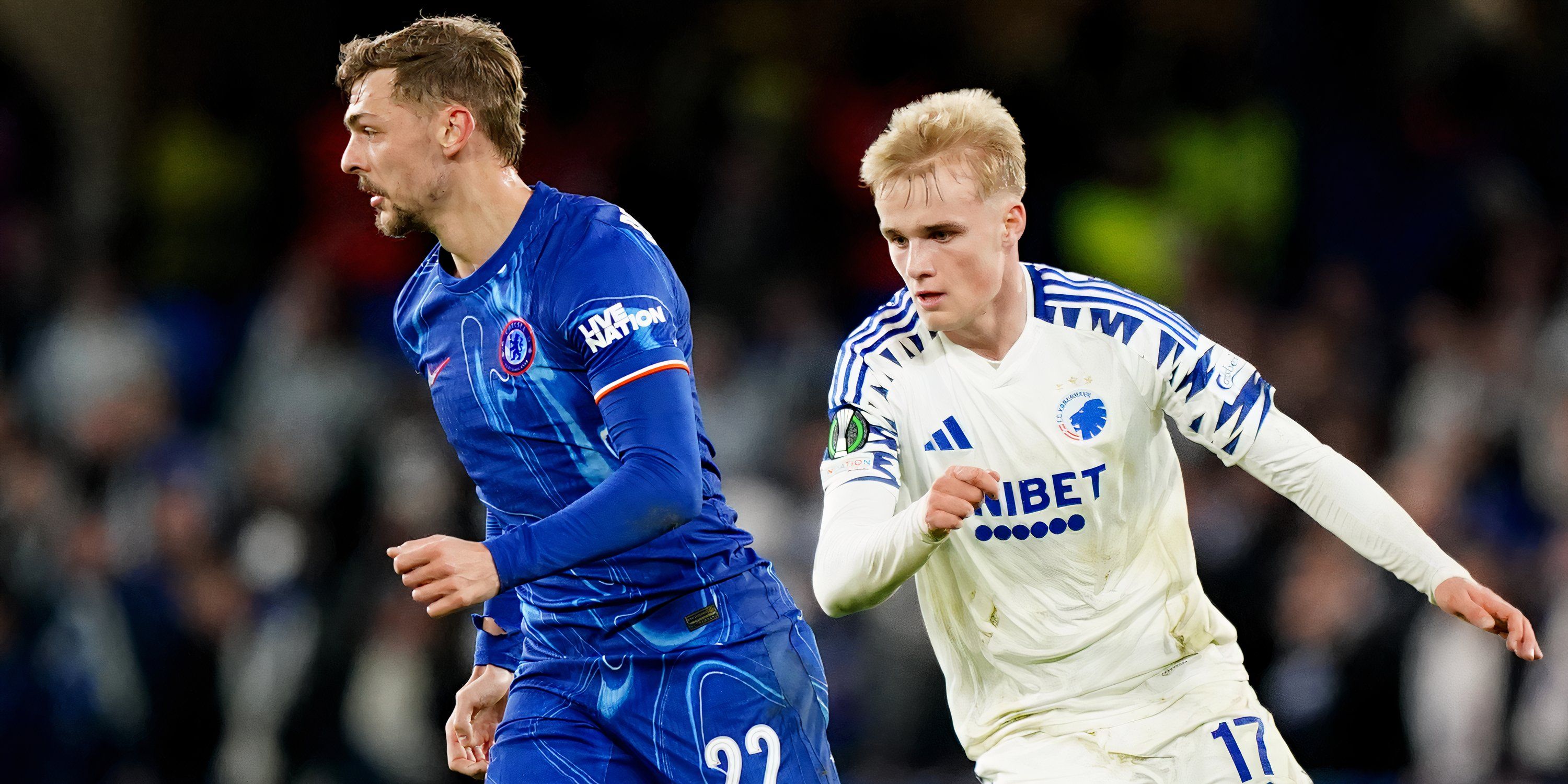 Chelsea midfielder Kiernan Dewsbury-Hall and Copenhagen's Victor Froholdt in action