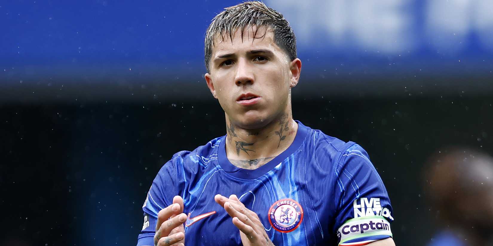 Enzo Fernandez applauding the Chelsea supporters