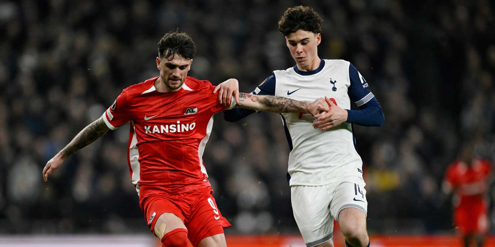 Troy Parrott in action for AZ Alkmaar against Tottenham