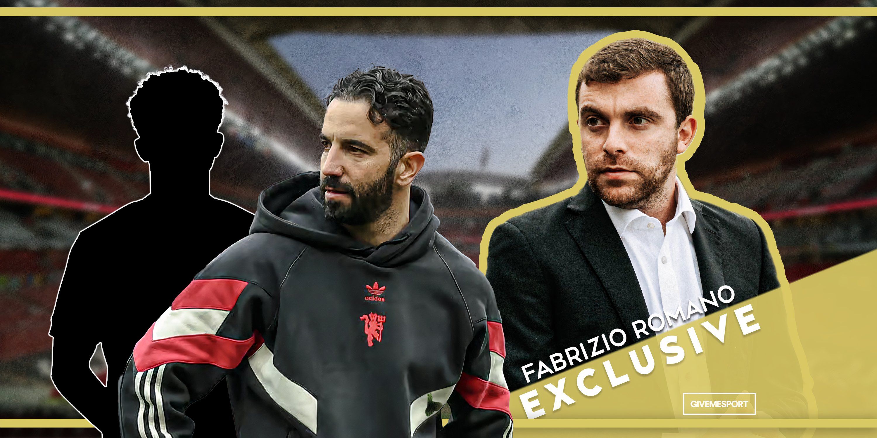 A silhouette of Jadon Sancho alongside Manchester United head coach Ruben Amorim and Fabrizio Romano