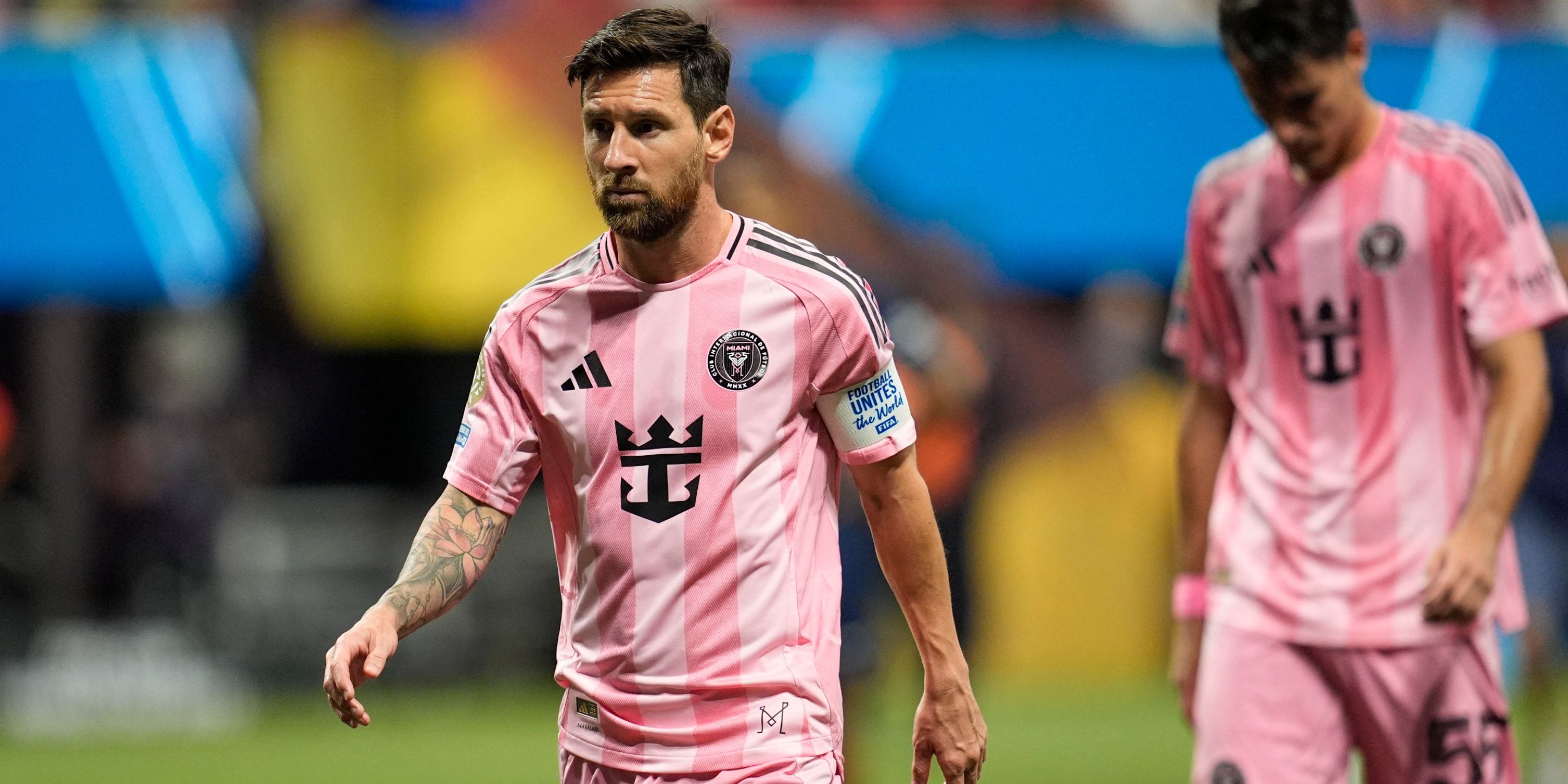 Lionel Messi looking dejected at half time against PSG in the Club World Cup