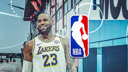 LeBron James with the NBA logo and an NBA-themed background