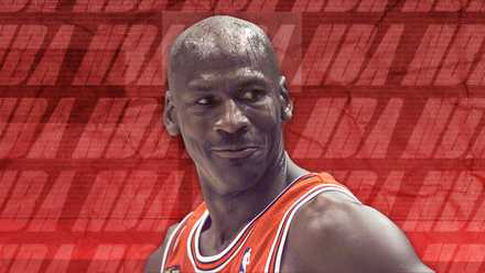 Michael Jordan in a Chicago Bulls jersey with a red NBA-themed background